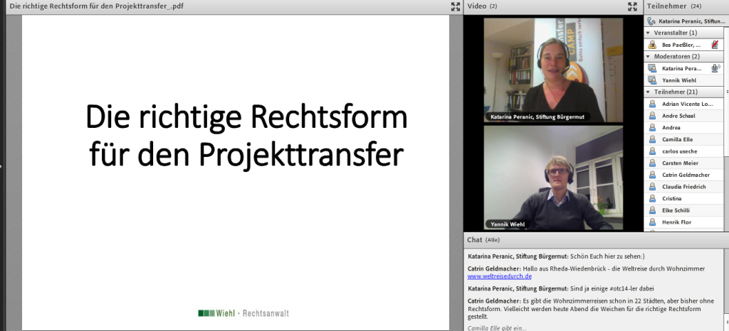 Screenshot vom Webinar "Die richtige Rechtsform für Projekttransfer".