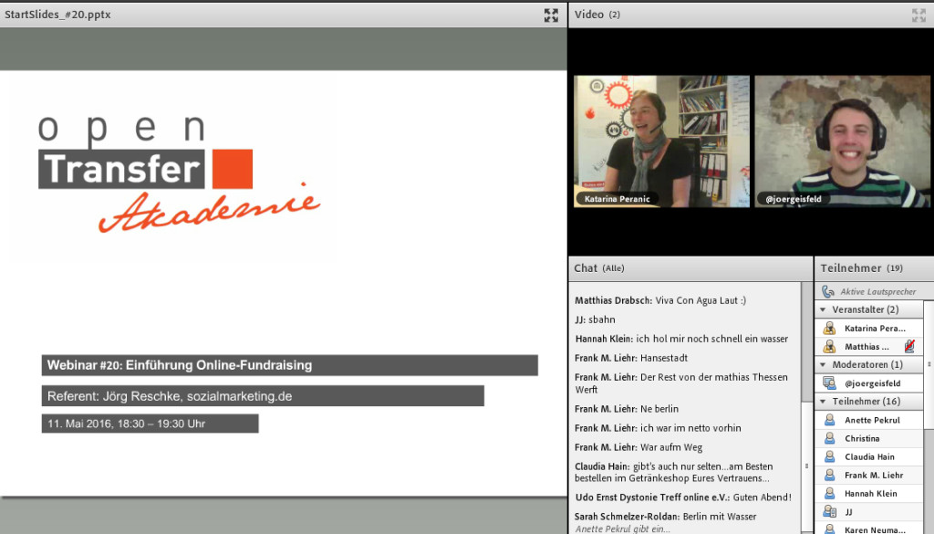 Ein Ausschnitt aus dem Webinar, der die beiden Referenten, den Chat und die Startslide anzeigt